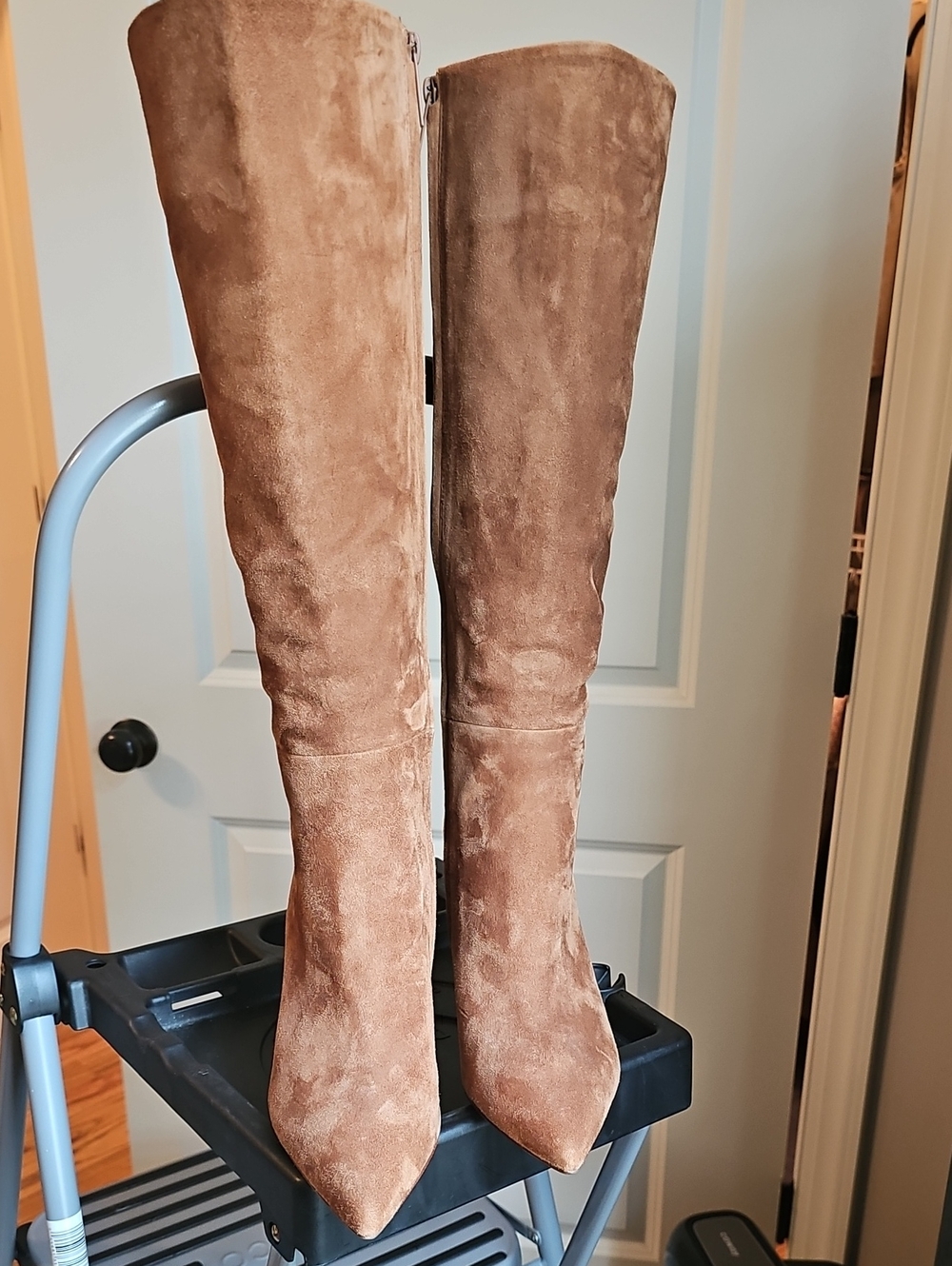 Veronica Beard Tall Pointed-Toe Suede Boots in Camel Brown